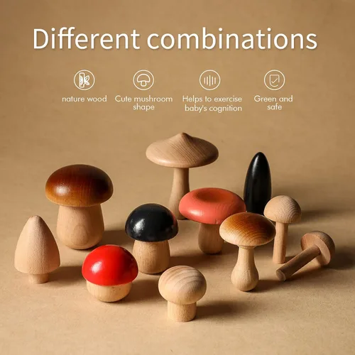 Miniatura 2 de Juguetes de madera con forma de hongos, bloques de madera Montessori, apilables, juguetes para niños pequeños, 11 piezas, hongos en miniatura