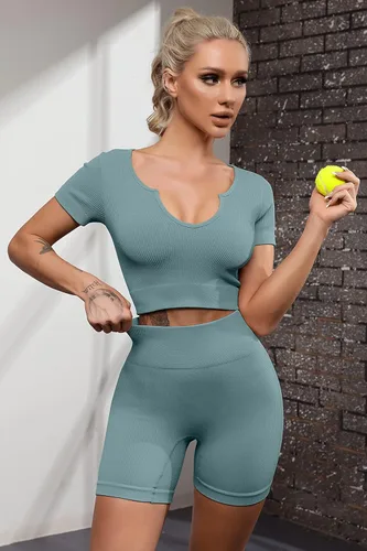 Miniatura 2 de QINSEN Conjuntos de entrenamiento de 2 piezas sin costuras para mujer pantalones cortos de cintura alta pantalones cortos de yoga GMY