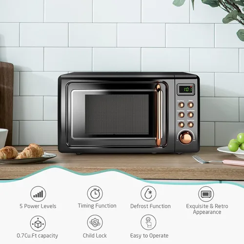 Miniatura 5 de Horno microondas retro para encimera, SIMOE 0.7 pies cúbicos, microondas pequeño con descongelación, 5 niveles de potencia, 8 configuraciones