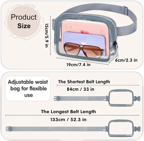 Miniatura 6 de Riñonera transparente aprobada para estadios, bolsa de cinturón transparente, cangurera transparente para mujeres y hombres con correa ajustable