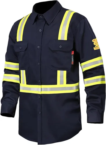 Miniatura 17 de Camisas FR para hombre, 7 onzas, de alta visibilidad, resistentes al fuego, CAT2, camisa de soldadura CAT2, 100% algodón, de alta visibilidad