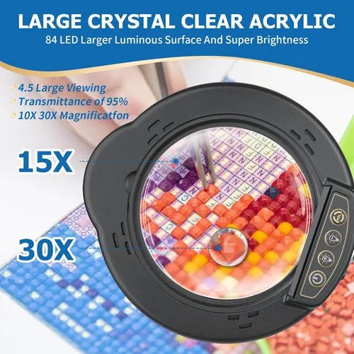 Miniatura 2 de Lupa de 15X 30X con luz y soporte, lámpara de escritorio LED con base y abrazadera, 5 modos de color, 10 niveles regulables, lupa manos libres