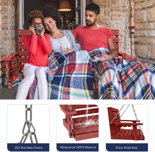 Miniatura 24 de KINGYES Columpio colgante para porche al aire libre, silla de columpio de patio de 2 asientos con portavasos, banco impermeable para patio y jardín