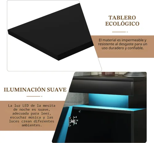 Miniatura 8 de oneinmil Juego de 2 mesitas de noche con luces LED, mesita de noche con armario de almacenamiento para dormitorio, mesita de noche con LED