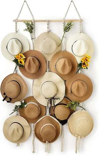 Miniatura 12 de Organizador de Sombreros de Macramé para Pared 15 Clips 31x53 Pulgadas Colgadores Grandes Exhibidor para Sombreros Fedora para Soporte de Sombreros