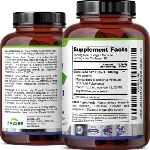 Miniatura 8 de Zazzee Alta Potencia Extracto de Semilla de Uva 50:1, 60 Cápsulas Veganas, 95% Polifenoles, 400 mg por Cápsula, Suministro para 2 Meses, Extracto