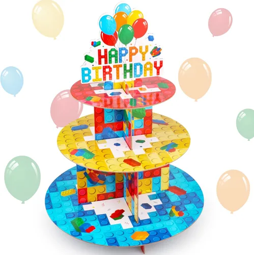 Hooqict Soporte de bloques de construcción para cupcakes, 3 niveles, cartón, multicolor, para fiestas de bloques, decoraciones de cumpleaños