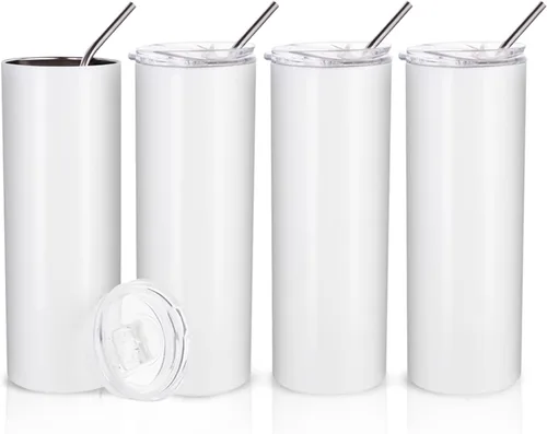PYD Life Vaso de sublimación en blanco delgado de 20 onzas, acero inoxidable recto con popote de metal para tazas, vasos, máquina de prensa de