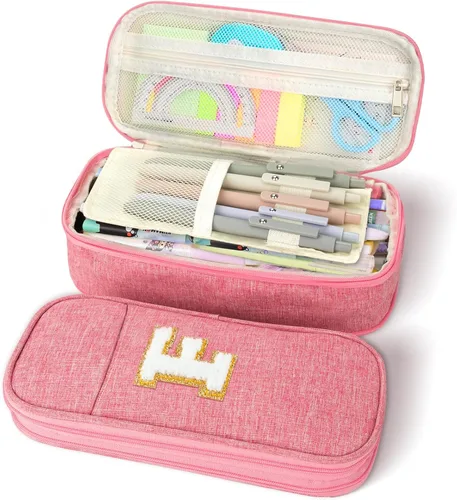 Miniatura 12 de Estuche de lápices de gran capacidad color rosa, lindo estuche de lápices con cremallera para niñas y mujeres, bolsa de lápices expandible
