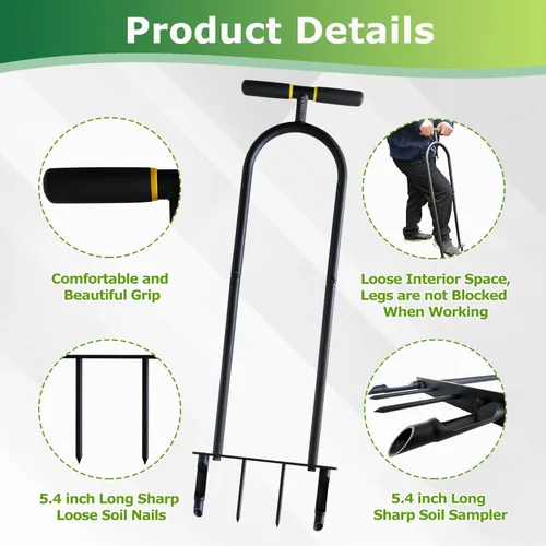 Miniatura 2 de Aireador manual de núcleo, herramienta de césped con 2 dientes huecos que no se obstruyen y 2 picos para una aireación profunda sin esfuerzo