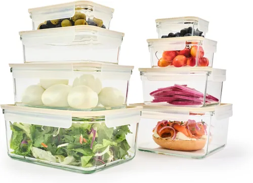Glasslock Sens 16 piezas de recipientes de cristal para almacenamiento de alimentos – Hermético y a prueba de fugas, 8 tamaños diferentes, tapa