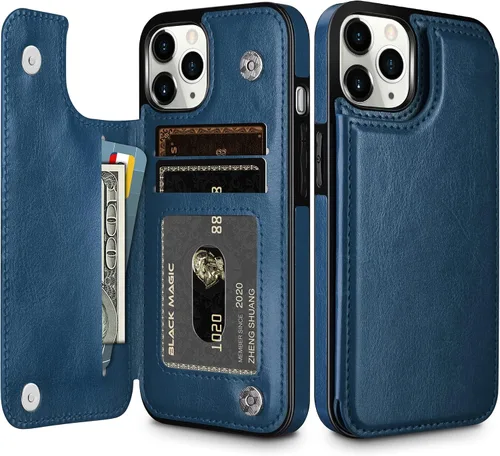 HianDier Funda para iPhone 11 Pro con tarjetero para mujeres y hombres, funda protectora de piel sintética con función atril, cierre magnético, a