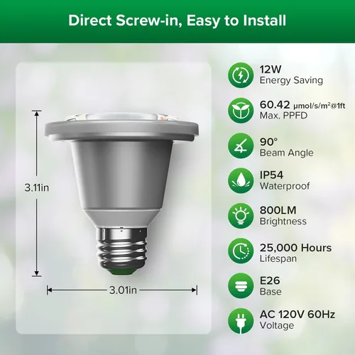 Miniatura 2 de Bombilla de crecimiento LED equivalente a 60W de SANSI, bombilla de luz para plantas de espectro completo BR20 de 12W con base E26, vida útil