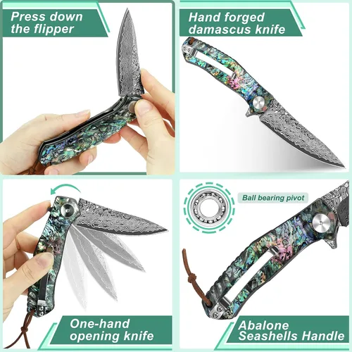 Miniatura 4 de Benkey - Navaja de bolsillo de acero de Damasco con funda de cuero con clip, cuchillo plegable con núcleo VG10 afilado, EDC con bloqueo