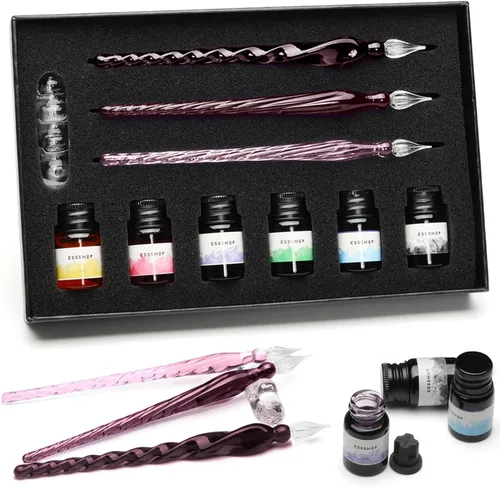 ESSSHOP Juego de Plumas de Vidrio para Caligrafía - 3 Plumas de Inmersión de Cristal Morado, Tinta de Color y Soporte para Pluma, Kit de Suministros