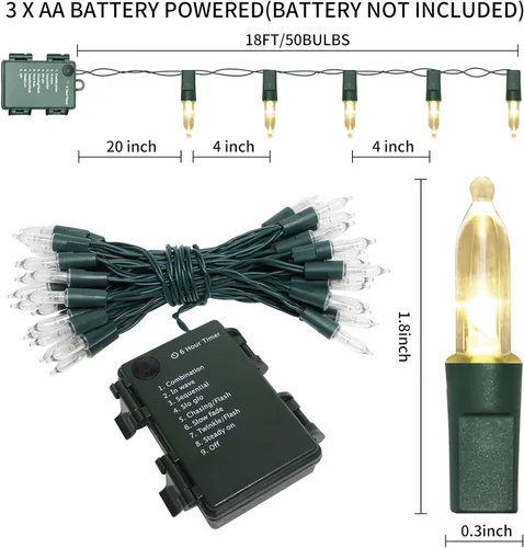 Miniatura 5 de Luces de Cadena Operadas por Batería, 50 LED 18 pies Luces de Navidad Luces Mini con Temporizador y 8 Modos, para Árbol de Navidad, Corona, Fiesta