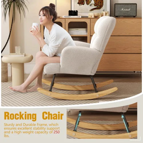 Miniatura 5 de Gaussen Mecedora planeadora para guardería, cómoda silla decorativa con respaldo alto, sillas de sala de estar tapizadas suaves para lectura, Blanco