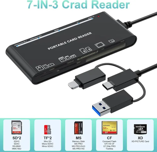 Miniatura 2 de Memory Stick Pro Duo - Lector de tarjetas SD/Micro SD/TF/XD/CF/M 7 en 1 para Windows, Mac, Linux (USB-A + USB-C + IP)