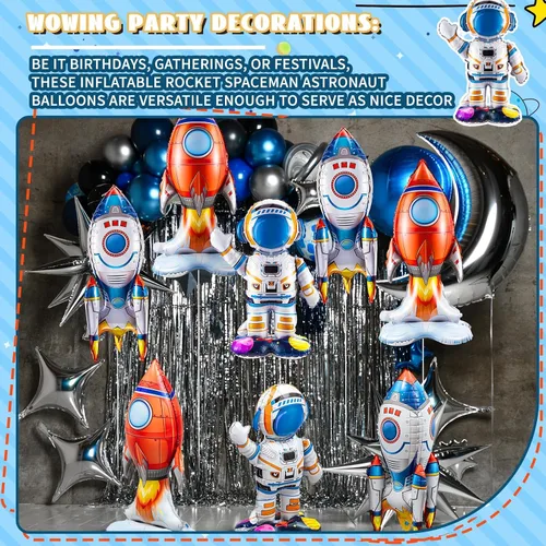 Miniatura 6 de RoundFunny 8 globos de cohete para el espacio exterior, globos de aluminio para astronautas espaciales, naves espaciales, cohetes, temática