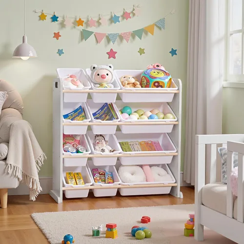 Miniatura 6 de VECELO Organizador de almacenamiento de juguetes para niños pequeños, 12 compartimientos, estante de madera para sala de juegos para niños, libros
