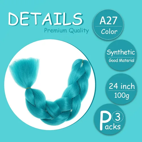 Miniatura 2 de 3 paquetes de extensiones de cabello sintético para trenzas de 24 pulgadas, color verde azulado, cabello trenzado jumbo para festivales coloridos
