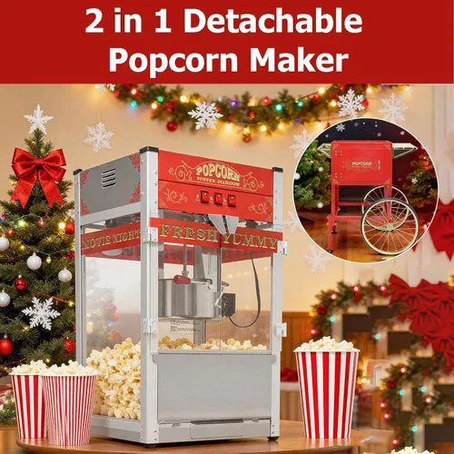 Miniatura 3 de Máquina comercial para palomitas de maíz de 32 oz con carrito - Hervidor de acero inoxidable con ruedas, bandeja calefactora y vidrio templado