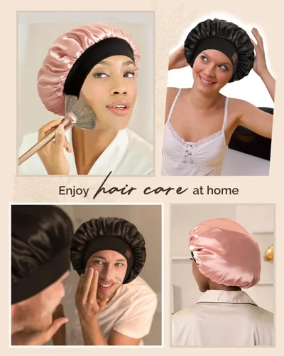 Miniatura 6 de Hat Hut Gorro de satén de seda para dormir para mujer, gorro de pelo para cabello rizado, banda ancha ajustable, doble capa