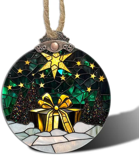 Miniatura 14 de Decoraciones navideñas de vitrales, colgante de campana pequeña para ventana, árbol de Navidad, adornos colgantes retro verde atrapasoles de Verde