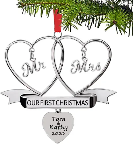 JUPPE Adorno de Metal Personalizado Nuestra Primera Navidad como Sr. y Sra. Grabado Adorno Personalizado de Recién Casados para Árbol de Navidad