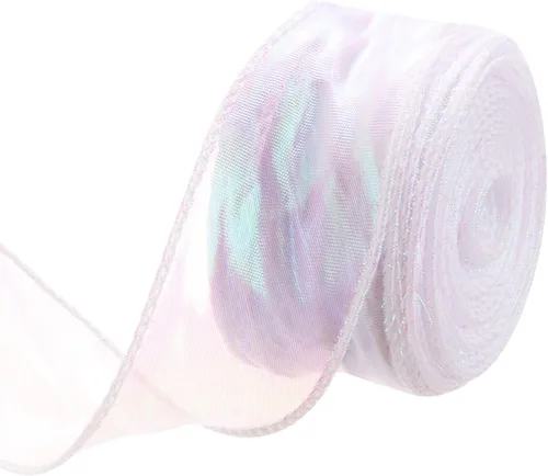 Miniatura 65 de MECCANIXITY - Cinta de organza con cable de 1 1/2" de ancho, brillante, transparente, con brillo irisado en tonos pastel, cinta de gasa para Beige