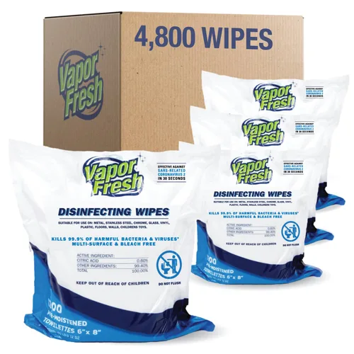 Vapor Fresh Toallitas desinfectantes – 1200 unidades x 4 rollos (4,800 toallitas en total) desinfectante de grado comercial alimentado por plantas