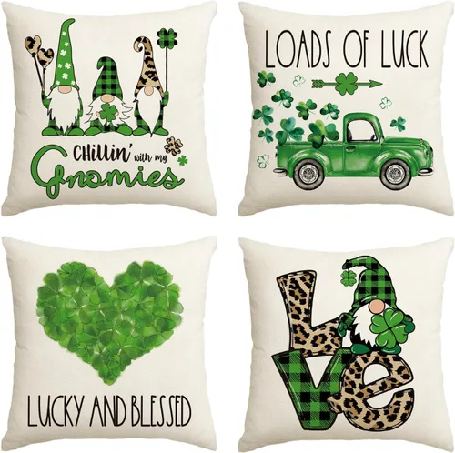 AVOIN colorlife ST Patricks Day - Juego de 4 fundas de almohada con diseño de gnomos de amor, tréboles de camión, 16 x 16 pulgadas, para decoración