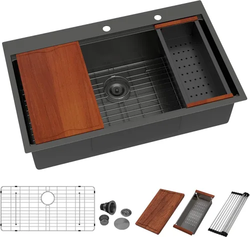 Miniatura 31 de Dcolora 33x22 Fregadero de cocina de acero inoxidable de 16 calibres, estación de trabajo de caída, fregadero de cuenco único grande, montaje