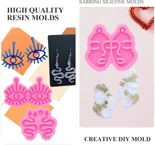 Miniatura 5 de Kit de 103 moldes de resina para aretes – Molde de silicona con forma de serpiente de cara de niña, molde de silicona epoxi para aretes con ganchos