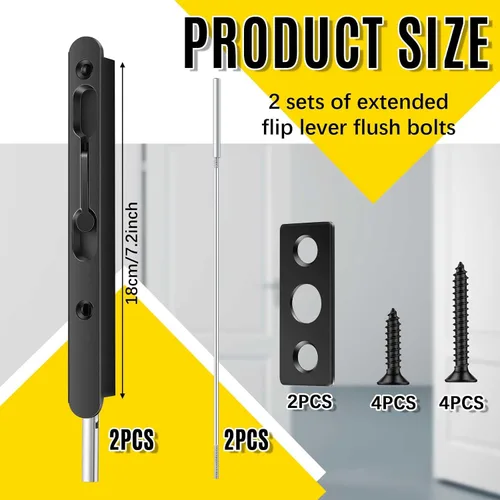 Miniatura 2 de Blulu 2 piezas de 18 pulgadas de pestillo de descarga con palanca abatible extendida para puerta doble, herrajes de cerraduras de puerta francesa