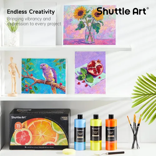 Miniatura 7 de Pintura acrílica Shuttle Art, juego de botellas grandes de pintura acrílica de 15 colores, 473 ml/16 oz cada una, pigmentos ricos, alta viscosidad