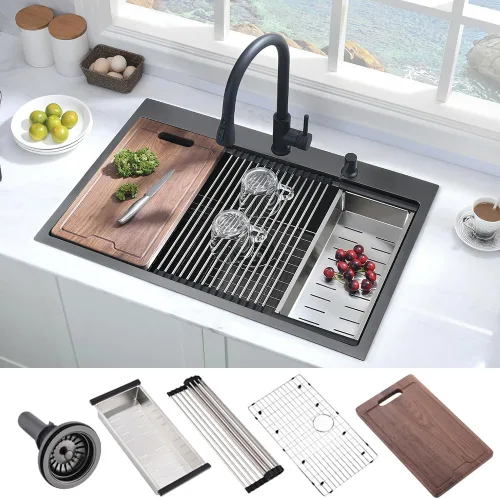 Miniatura 12 de Fregadero de cocina de acero inoxidable de 25 x 20 x 10 pulgadas, con caída en la parte superior, calibre 16, cuenco individual profundo, fregadero