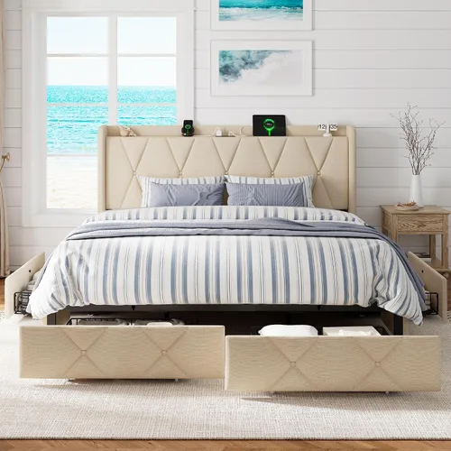 Miniatura 9 de GalnFu Base de cama de tamaño matrimonial con 4 cajones de almacenamiento, plataforma tapizada con estación de carga, moderna cabecera de Beige