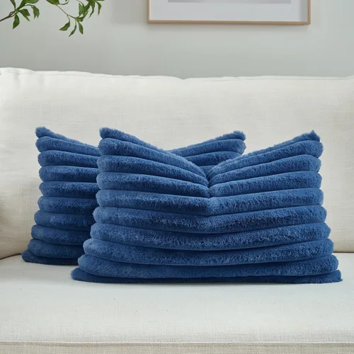 Miniatura 39 de FUTEI - Juego de 2 fundas de almohada decorativas con rayas, cuadradas, para invierno, piel sintética de conejo suave y acogedora y respaldo