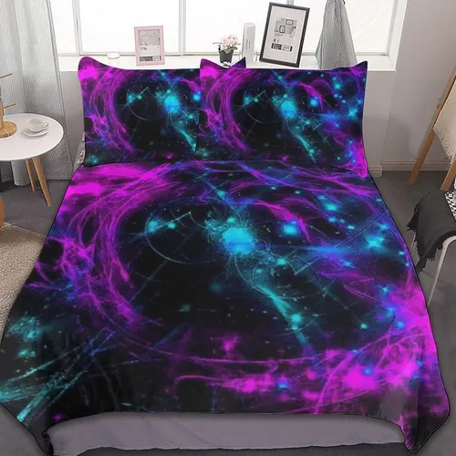 Miniatura 21 de Juego de 3 piezas de edredón neón que brilla en la oscuridad, funda de almohada de microfibra con cremallera para cama matrimonial, Queen