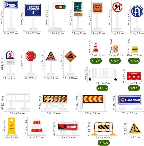 Miniatura 7 de Toyvian Juego de letreros de tráfico simulados con 26 mini señales de tráfico y 54 cercas para juegos educativos e interacción entre padres e hijos
