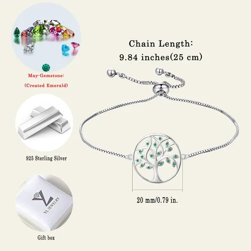 Miniatura 6 de YL Pulsera de árbol de plata de ley 925 con eslabones de árbol de la vida, joyería de piedra natal para mujer