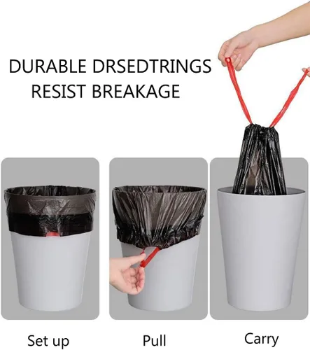 Miniatura 5 de Feisco Bolsa de basura negra de 6 a 7 galones, forro de cubo de basura con cordón mediano, 100 unidades, 0.67 mil