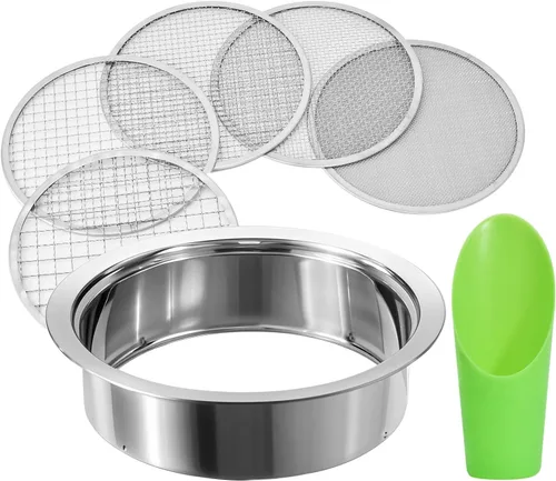 Miniatura 10 de Juego de tamiz de suelo de acero inoxidable, juego de tamiz de jardín con 3 mallas intercambiables de 1,3,5mm, pantalla de tamizado para suciedad