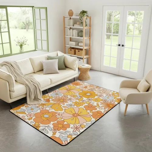 Miniatura 34 de Erosebridal Alfombra de área con tema Groovy de los 70 para sala de estar y dormitorio, alfombra retro con símbolo de paz antideslizante, alfombra