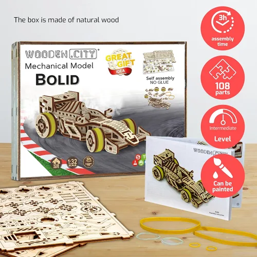 Miniatura 4 de WOODEN.CITY Bolid - Rompecabezas de madera 3D para adultos, construye tu propio auto de carreras con motor de banda de goma
