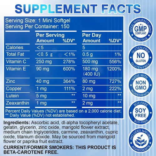 Miniatura 2 de Suplemento de vitaminas y minerales para ojos AREDS 2 — Suplemento de luteína y zeaxantina, vitamina C y E, zinc y cobre para protección contra