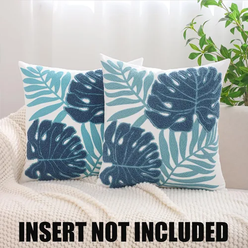 Miniatura 5 de Fundas de almohada bordadas de 18 x 18 pulgadas, paquete de 2 fundas de almohada azules botánicas tropicales con hojas tropicales, fundas de cojín