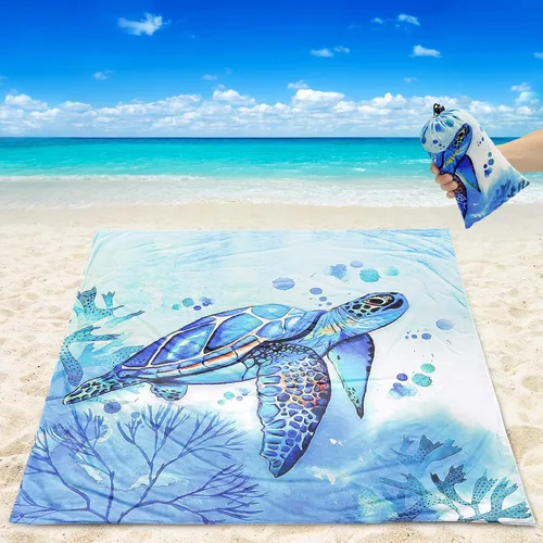 Miniatura 2 de HIHOHO Manta de playa impermeable a prueba de arena, extra grande, 79 x 83 pulgadas, 120 x 108 pulgadas, para 1-8 adultos, de secado rápido, tortuga