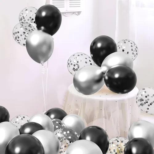 Miniatura 5 de Globos de confeti negro y plateado, 50 unidades de 12 pulgadas, unisex, adultos, fiesta, celebración general, negro y plateado, redondos